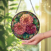 Dahlia Stained Glass Suncatcher, Round Floral Window Panel with Blooming Flowers and Leaves, Botanical Garden Inspired Home Decor Gift